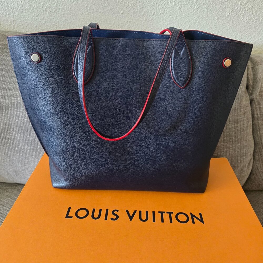 Louis Vuitton Navy Blue Leather Tote with Red Piping & Silver Hardware - Picture 7 of 16